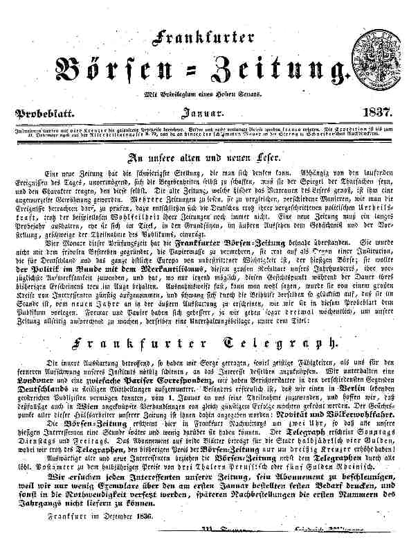 "Frankfurter Börsen-Zeitung", Probeblatt, Jan. 1837