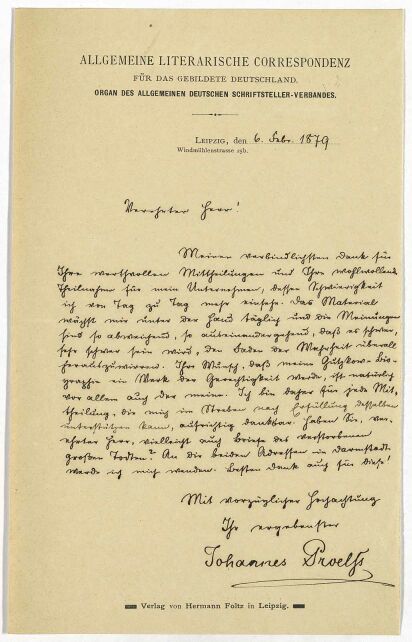 Brief von Johannes Proelss, 6. Februar 1879