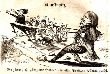Gutzkow zieht "Lenz und Söhne" zurück, anon. Karikatur von 1855